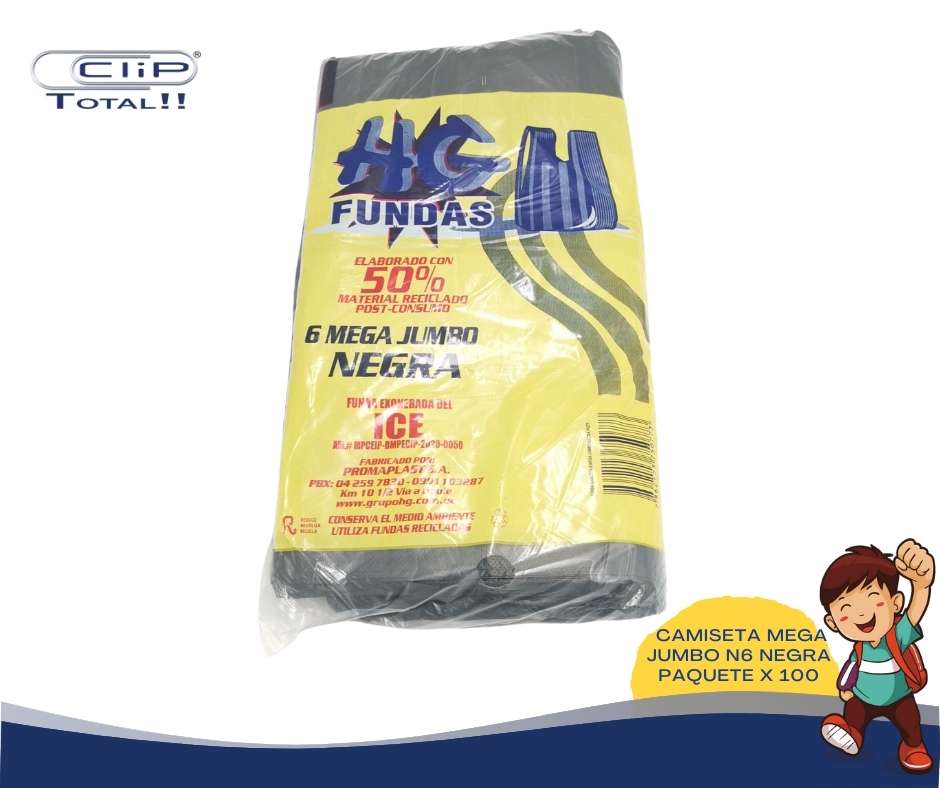 FUNDA CAMISETA MEGA JUMBO N6 NEGRA X100U PAQUETE