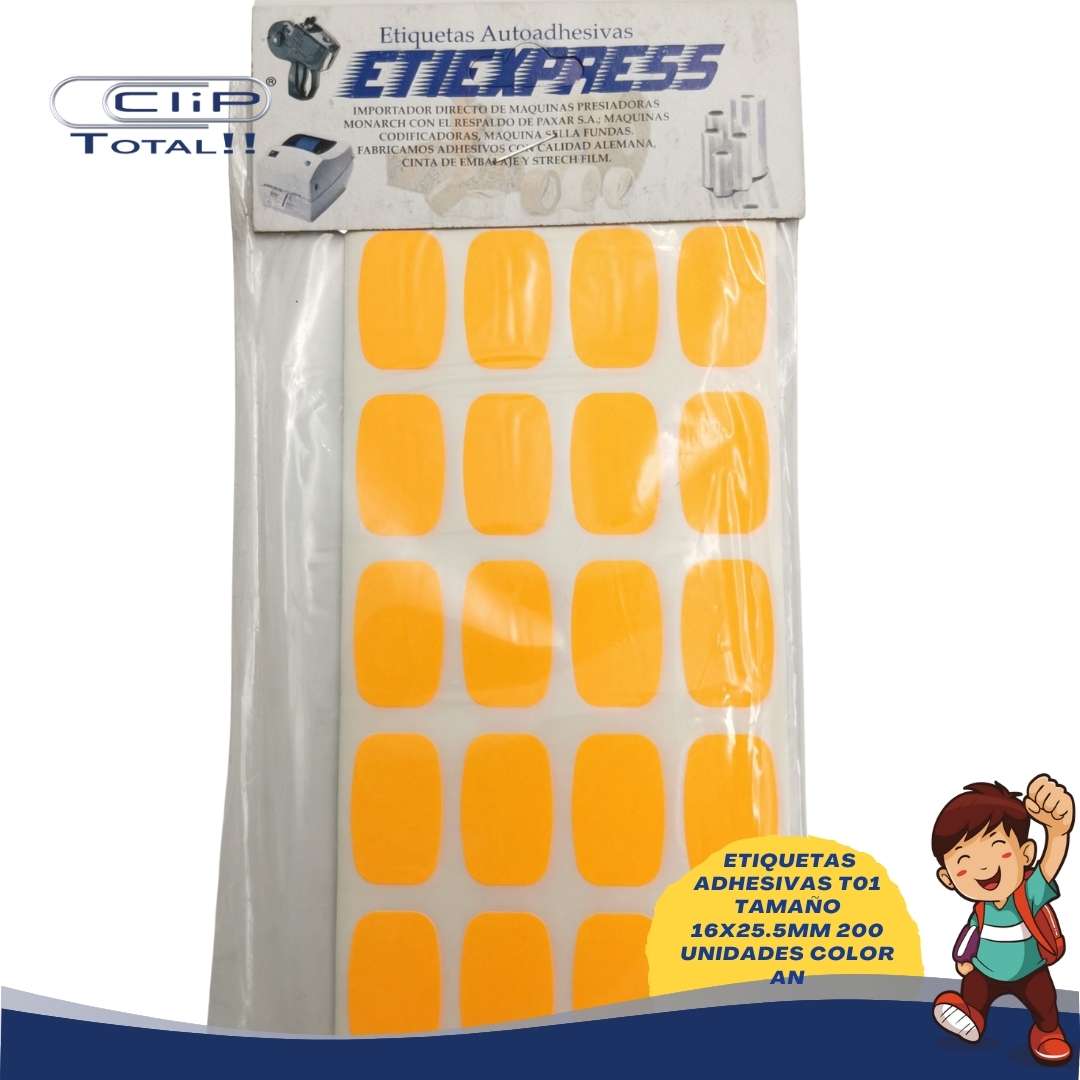 ETIQUETAS ADHESIVAS PAQUETE T01 16X25.5MM 200 UNIDADES COLOR AN