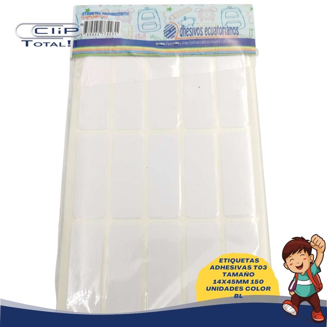 ETIQUETAS ADHESIVAS PAQUETE T03 14X45MM 150 UNIDADES COLOR BL