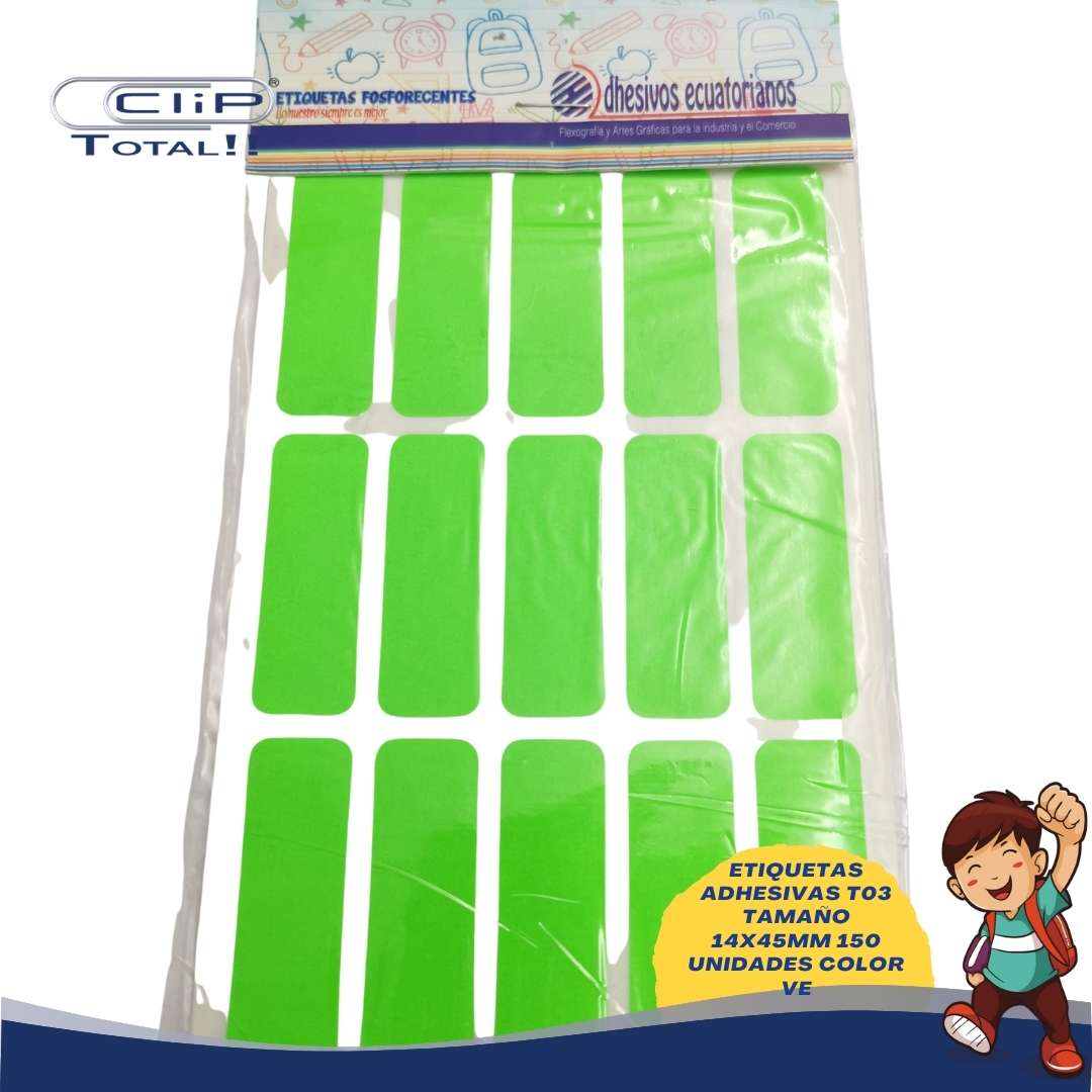 ETIQUETAS ADHESIVAS PAQUETE T03 14X45MM 150 UNIDADES COLOR VE