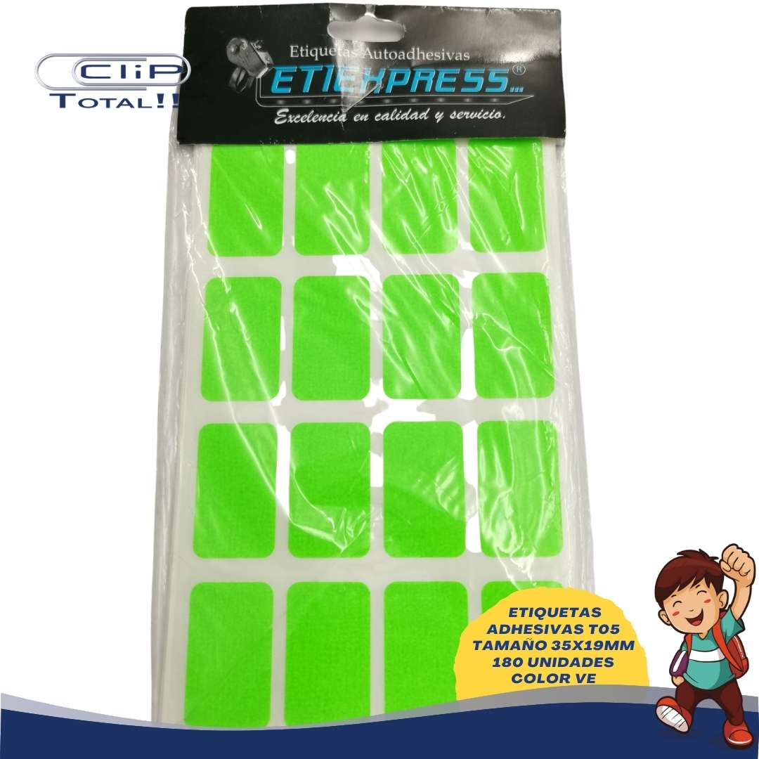 ETIQUETAS ADHESIVAS PAQUETE T05 19X35MM 180 UNIDADES COLOR VE