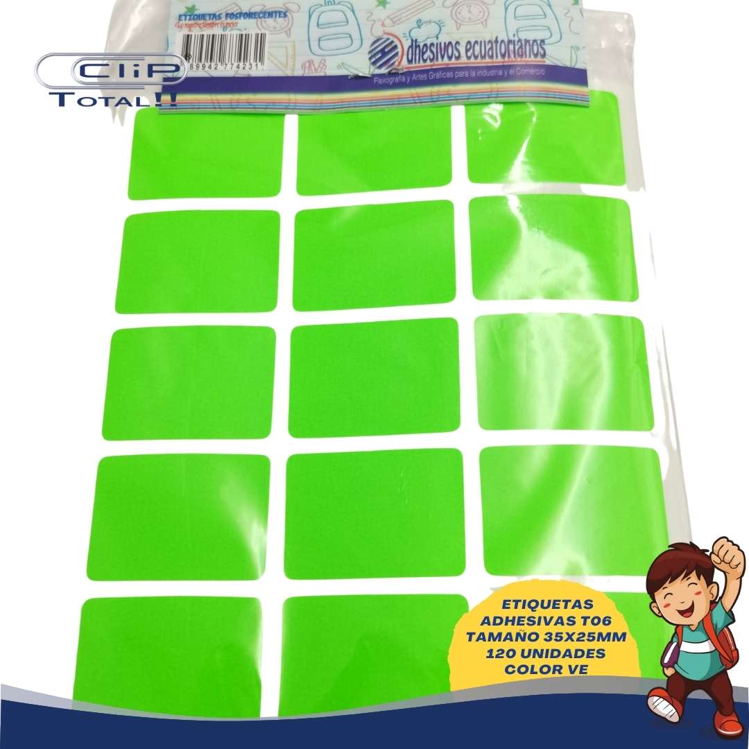 ETIQUETAS ADHESIVAS PAQUETE T06 25X35MM 120 UNIDADES COLOR VE
