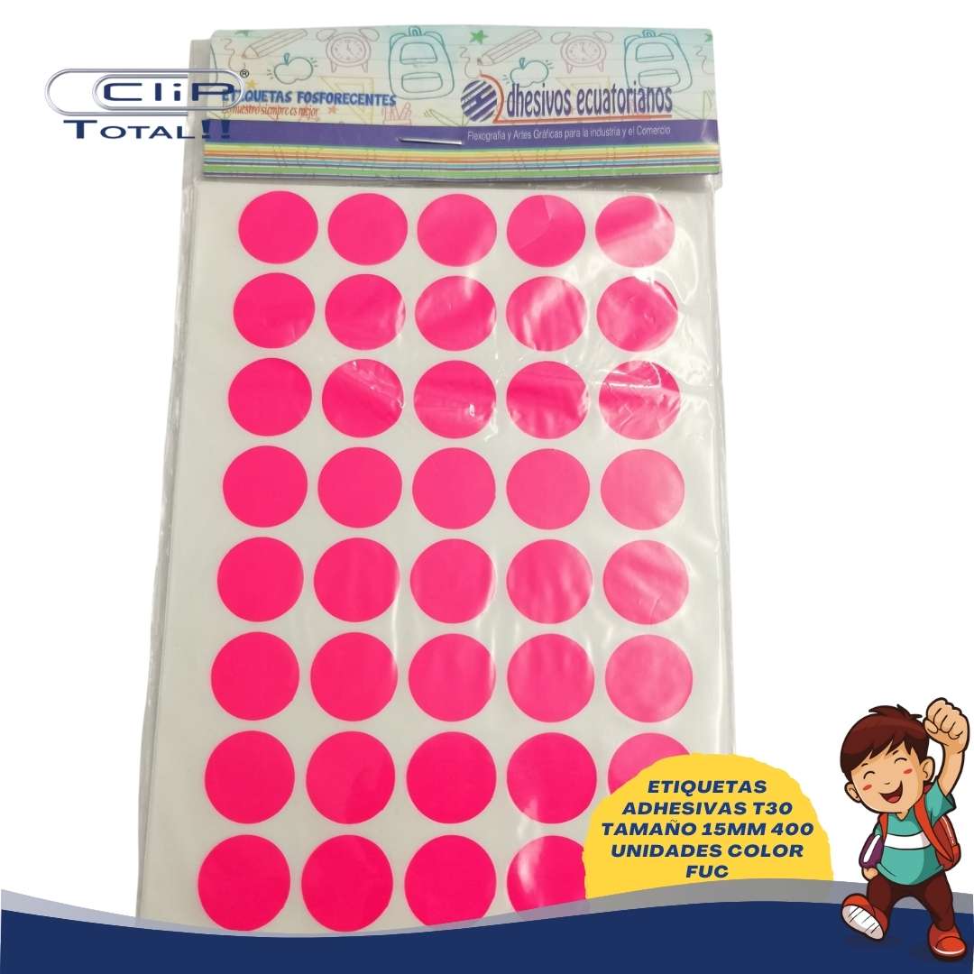 ETIQUETAS ADHESIVAS PAQUETE T30 15MM 400 UNIDADES COLOR FUC