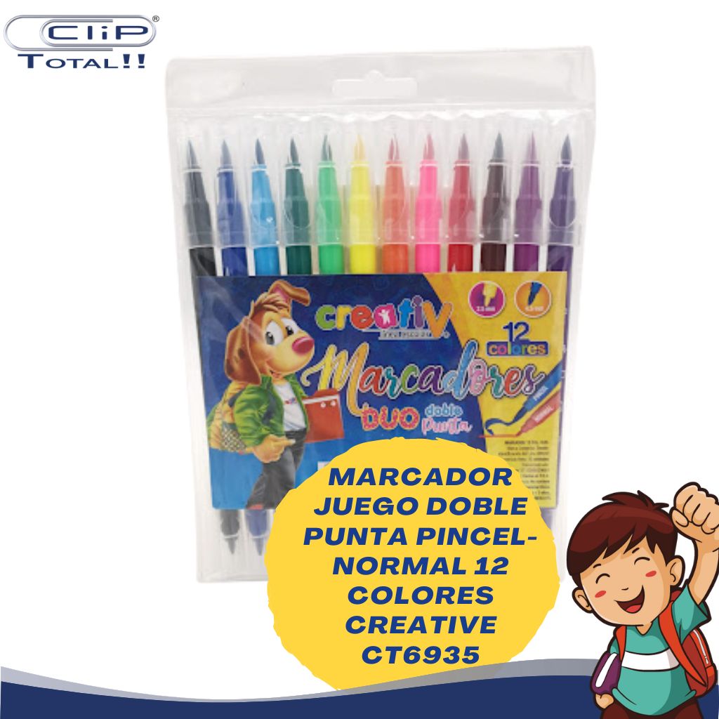 MARCADOR JUEGO DOBLE PUNTA PINCEL-NORMAL 12 COLORES CREATIVE CT6935