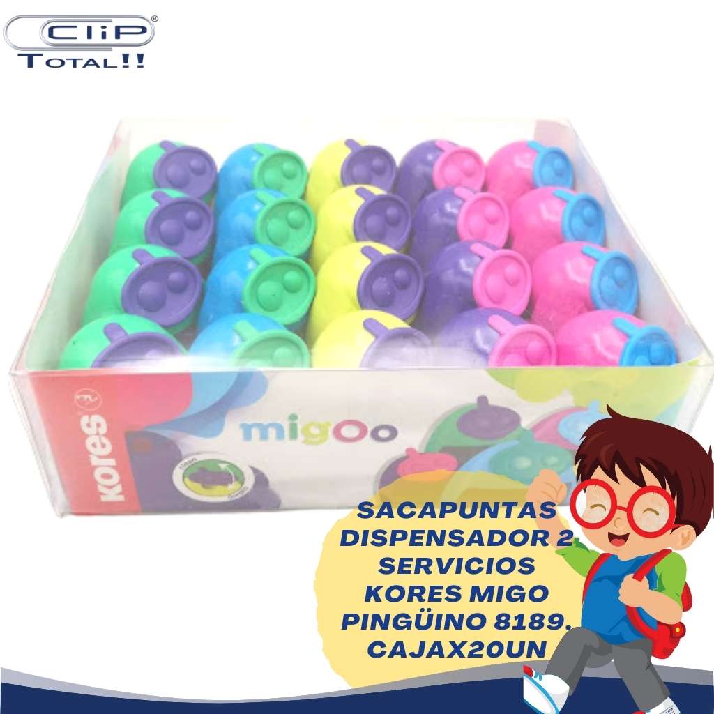 SACAPUNTAS DISPENSADOR 2 SERVICIOS KORES MIGO PINGÜINO 8189. CAJAX20UN